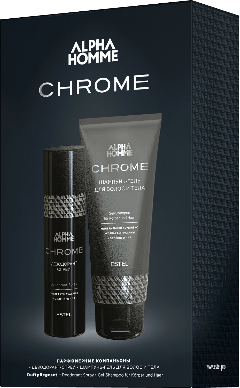 Estel Набор парфюмерные компаньоны Estel Alpha Homme Chrome (Шампунь-гель 200 мл + дезодорант-спрей 100 мл) (Estel, Alpha homme), Alpha homme
Estel Набор парфюмерные компаньоны Estel Alpha Homme Chrome (Шампунь-гель 200 мл + дезодорант-спрей 100 мл) (Estel, Alpha homme), Alpha homme