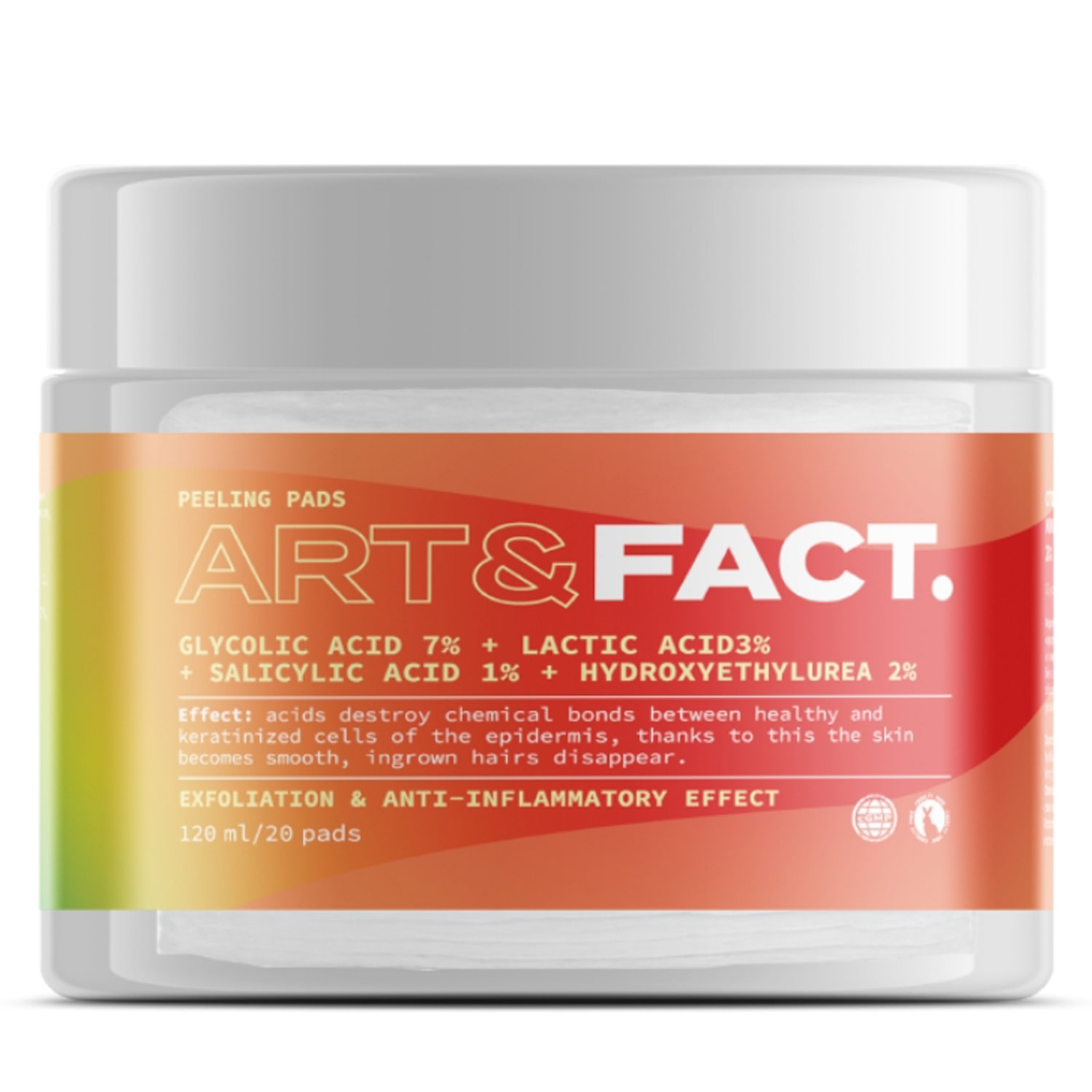 

Art&Fact Отшелушивающие пэды с гликолевой кислотой 7%, молочной кислотой 3%, салициловой кислотой 1% и мочевиной 2% от вросших волос, 20 шт (Art&Fact, Отшелушивание), Отшелушивание