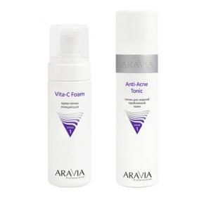 Aravia Professional Комплект Тоник для жирной проблемной кожи Anti-Acne Tonic, 250 мл  Крем-пенка очищающая Vita-C Foam, 160 мл. фото