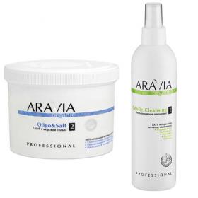 Aravia Professional Комплект Cкраб с морской солью Scrub OligoSalt, 550 мл  Лосьон мягкое очищение Gentle Cleansing, 300 мл. фото