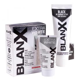 Blanx Набор Курсовое отбеливание и поддержание белизны Отбеливающая зубная паста BlanX Extra White, 75 мл  Зубная паста с древесным углем BlanX Black, 75 мл. фото