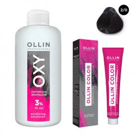 Ollin Professional Набор Перманентная крем-краска для волос Ollin Color оттенок 20 черный 100 мл  Окисляющая эмульсия Oxy 3 150 мл. фото