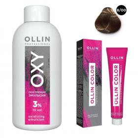 Ollin Professional Набор Перманентная крем-краска для волос Ollin Color оттенок 800 светло-русый глубокий 100 мл  Окисляющая эмульсия Oxy 3 150 мл. фото