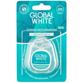Global White Вощеная зубная нить Свежая мята с хлоргексидином, 50 м. фото