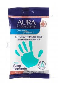 Aura Влажные салфетки антибактериальные Derma Protect с алоэ 15 шт. фото