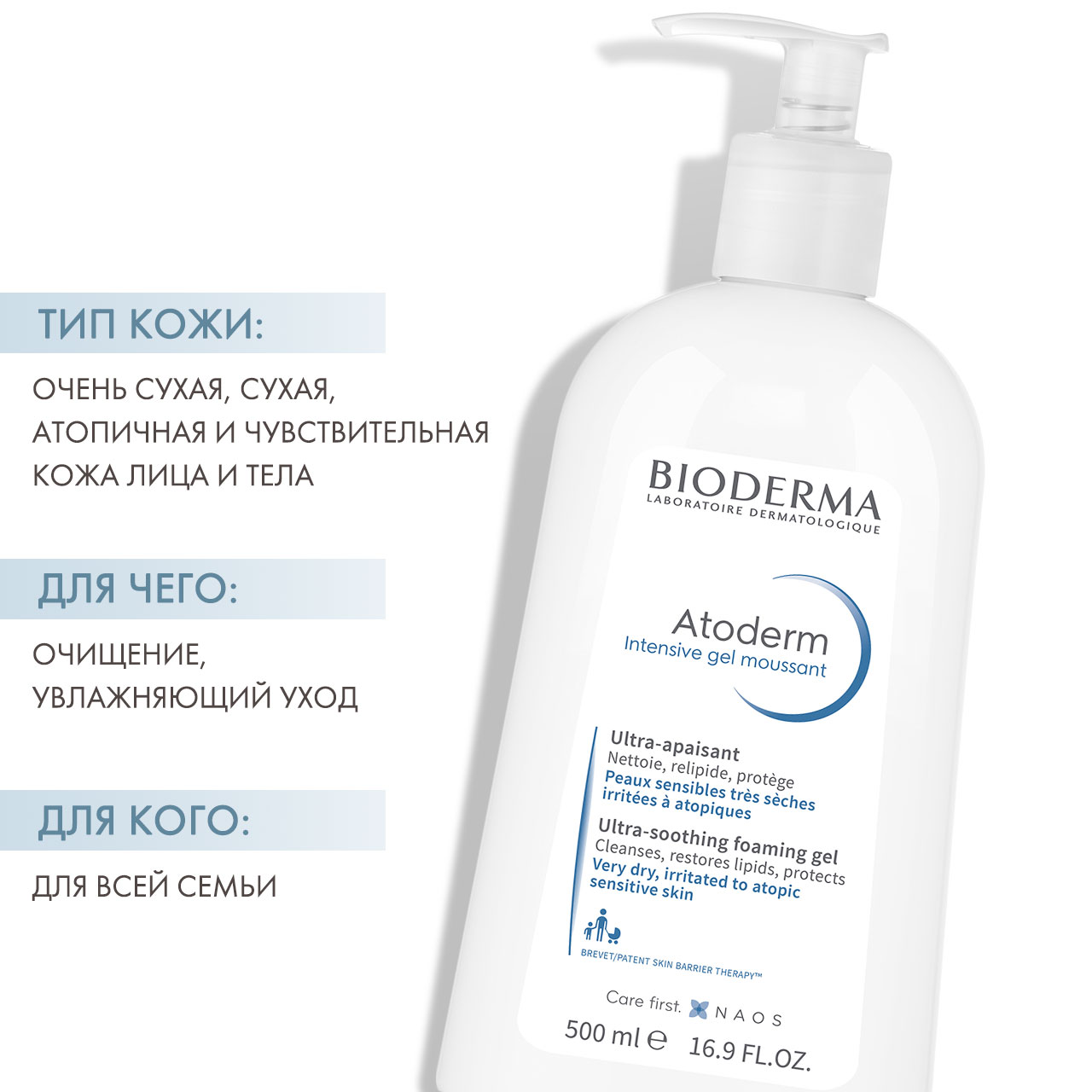 Биодерма Очищающий гель Intensive, 500 мл (Bioderma, Atoderm) фото 1