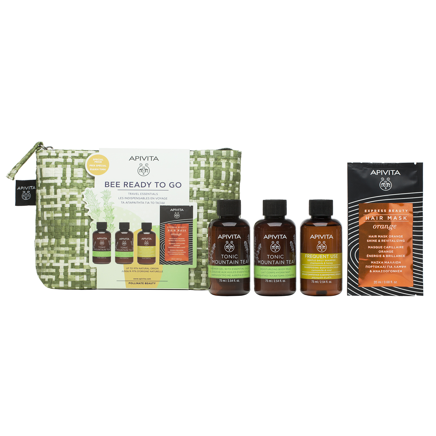 Апивита Набор для путешествий Будь Готова (гель 75 мл + молочко 75 мл + шампунь 75 мл + маска 20 мл) (Apivita, Body) фото 1