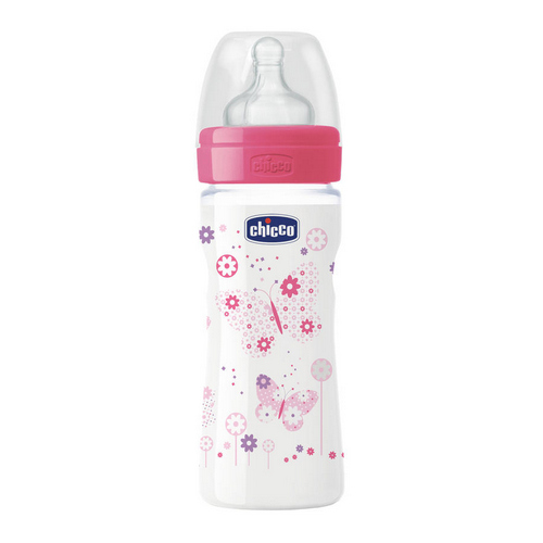 Бутылочка Girl с силиконовой соской, переменный поток, 2 мес., розовая 1 шт. (Chicco, WellBeing)