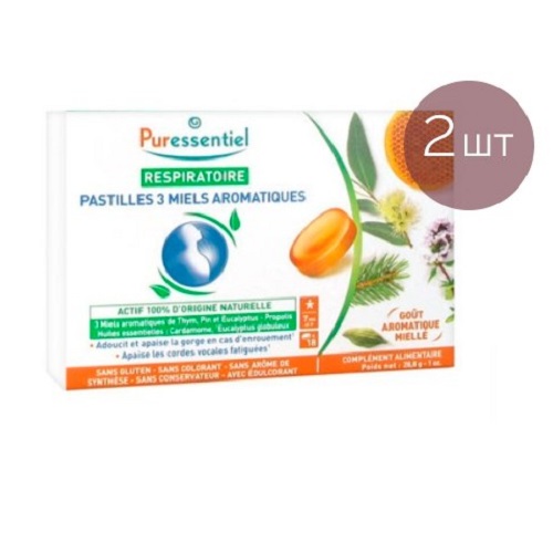 Пюресансьель Набор: ароматические леденцы 3 меда сдвойка, 2 х 18 пастилок (Puressentiel, Хорошее самочувствие) фото 1