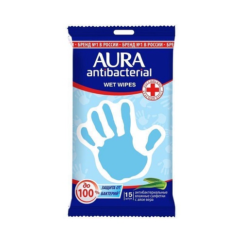 Аура Влажные салфетки антибактериальные Derma Protect с алоэ 15 шт (Aura, Влажные салфетки) фото 0