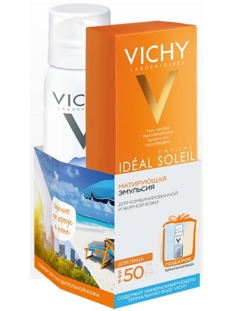 Виши Матирующая эмульсия для лица Драй Тач SPF 50, 50 мл + Термальная вода 50 мл (Vichy, Capital Ideal Soleil) фото 1