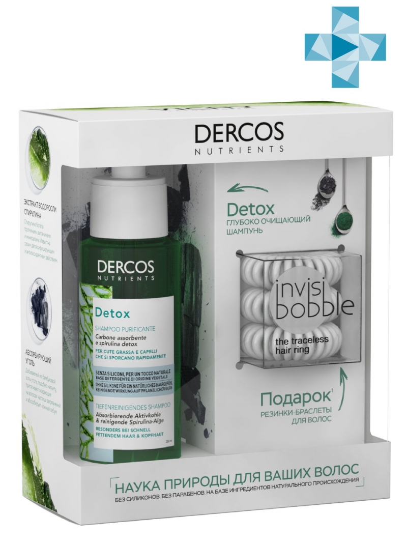 Виши Набор Detox Глубоко очищающий шампунь Dercos Nutrients 100 мл + Резинка-браслет для волос Invisibobble 3 шт (Vichy, Dercos Nutrients) фото 0