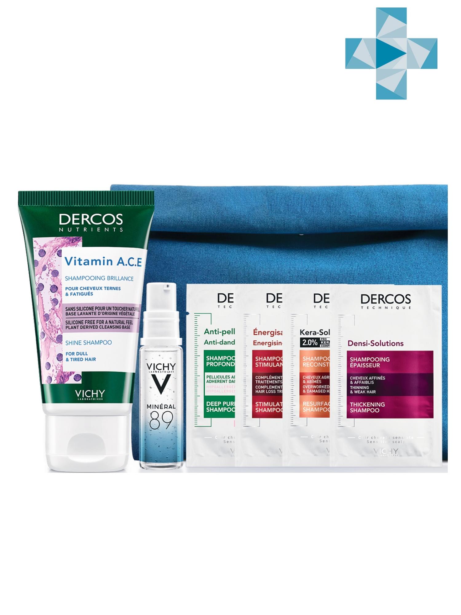 Виши Набор: Vitamin Шампунь для блеска волос Dercos Nutrients 50 мл + Шампунь-пилинг против перхоти глубоко очищающий, 6 мл + Шампунь тонизирующий от выпадения волос Деркос 6 мл + Уплотняющий Шампунь Densi-Solutions 7 мл + Кера-Солюшн Шампунь 6 мл + Ежедневный гель-сыворотка Минерал 89, 10 мл (Vichy, Dercos Nutrients) фото 0