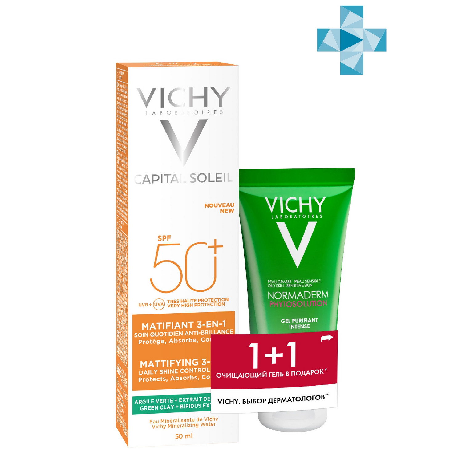 Виши Набор (солнцезащитный матирующий уход для проблемной кожи 3 в 1 SPF 50+, 50 мл + гель для умывания Phytosolution, 50 мл) (Vichy, Capital Soleil) фото 0