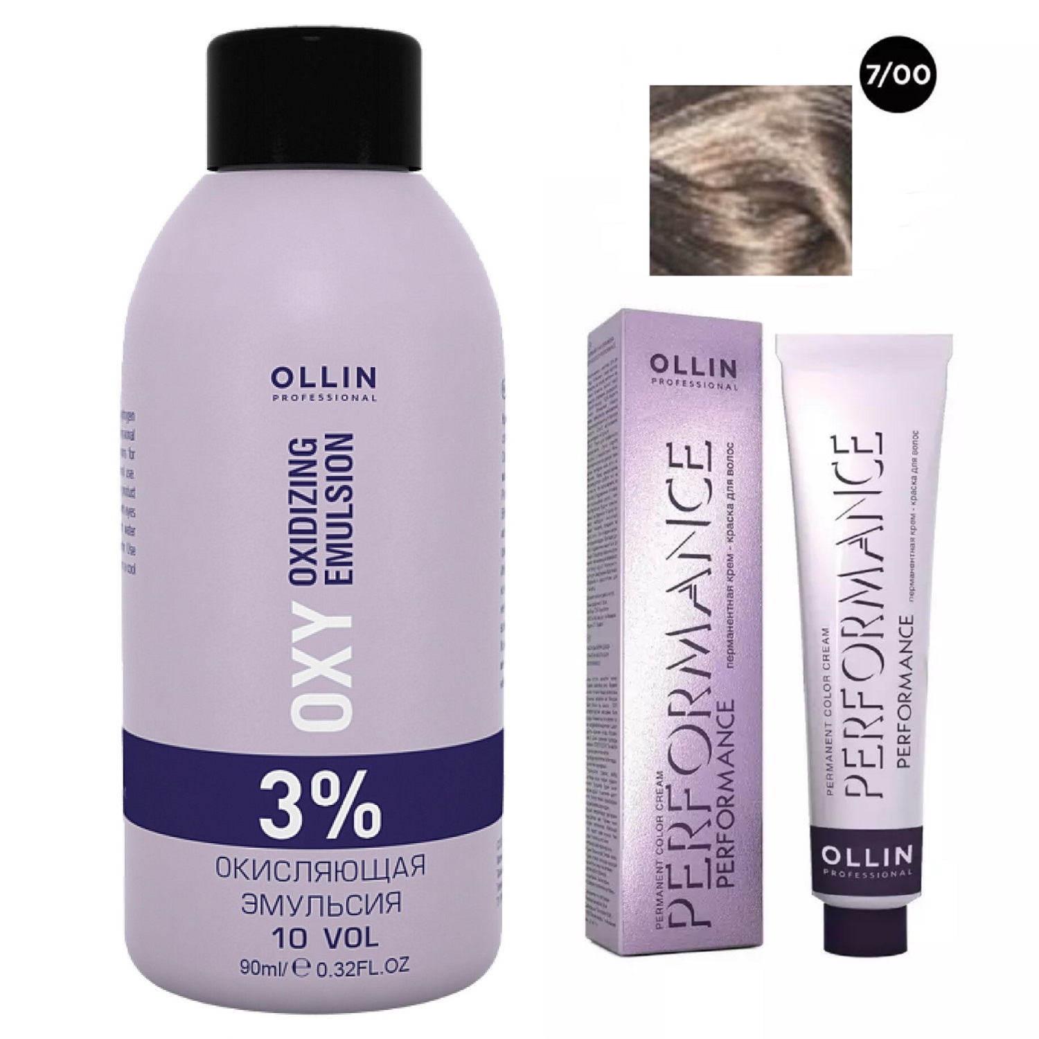 Ollin Professional Набор Перманентная крем-краска для волос Ollin Performance оттенок 7/00 русый глубокий 60 мл + Окисляющая эмульсия Oxy 3% 90 мл (Ollin Professional, Performance)