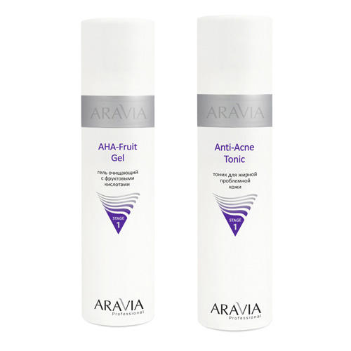 цена Aravia Professional Комплект Гель очищающий с фруктовыми кислотами AHA - Fruit Gel, 250 мл + Тоник для жирной проблемной кожи Anti-Acne Tonic, 250 мл (Aravia Professional, Уход за лицом)