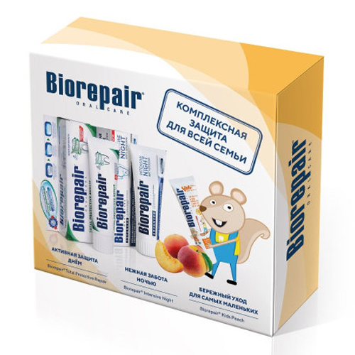 Biorepair Набор зубных паст Семейный с Kids персик (Biorepair, Уход за зубами) biorepair набор детских средств для полости рта зубная паста 50 мл 75 мл biorepair детская гамма