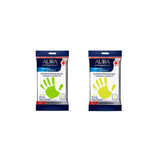 Аура Влажные салфетки антибактериальные Derma Protect спиртовые pocket-pack 15 шт (Aura, Влажные салфетки) фото 0