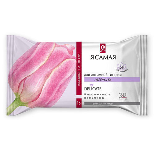 Aura Влажные салфетки для интимной гигиены Я самая с экстрактом льна Delicate pocket-pack 15 шт (Aura, Влажные салфетки)