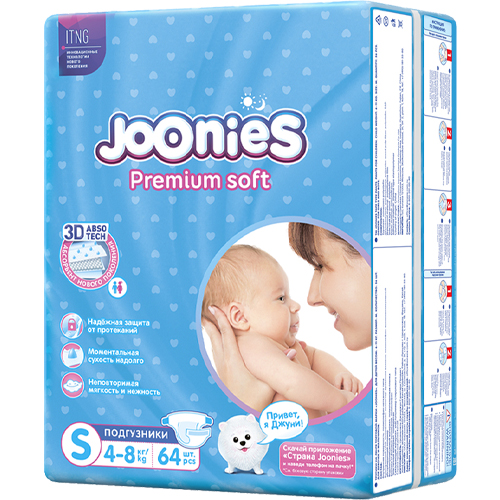 Джунис Подгузники размер S (4-8 кг), 64 шт. (Joonies, Premium Soft) фото 0