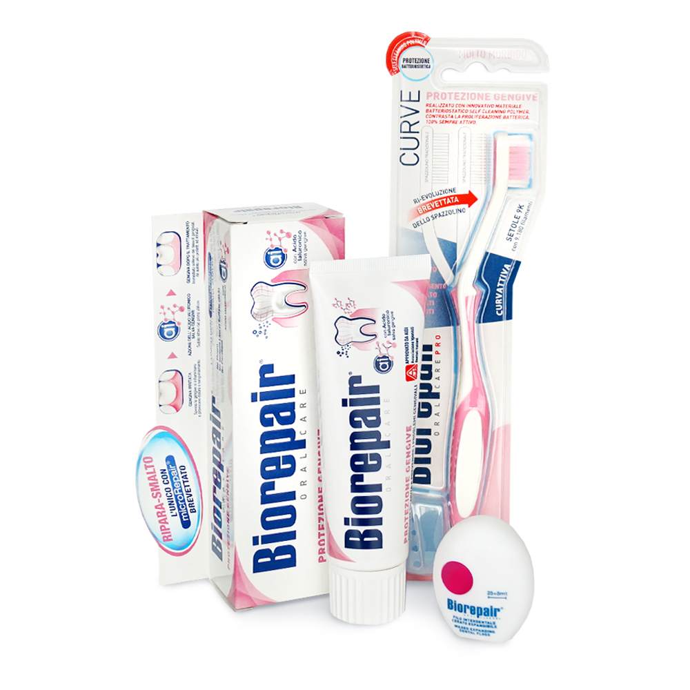 Биорепейр Набор для чувствительных десен: Зубная паста Gum Protection, 75 мл + Зубная нить Filo Cerato Espandibile, 30 м + Зубная щетка CURVE Protezione Gengive (Biorepair, Ежедневная забота) фото 0