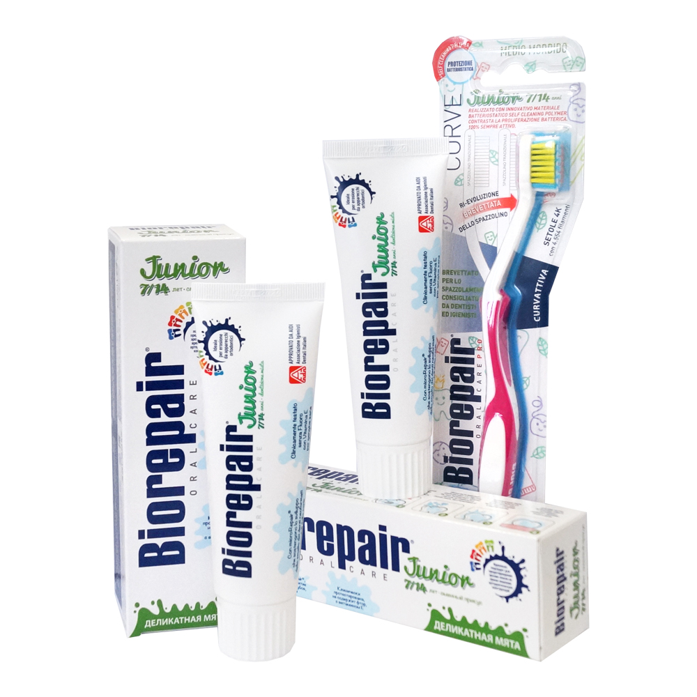 Биорепейр Набор Junior: Детская зубная паста для детей 6-12 лет Biorepair Junior Mint, 75 мл х 2 шт. + Детская зубная щетка для детей 7-14 лет Biorepair CURVE Junior (Biorepair, Детская гамма) фото 0