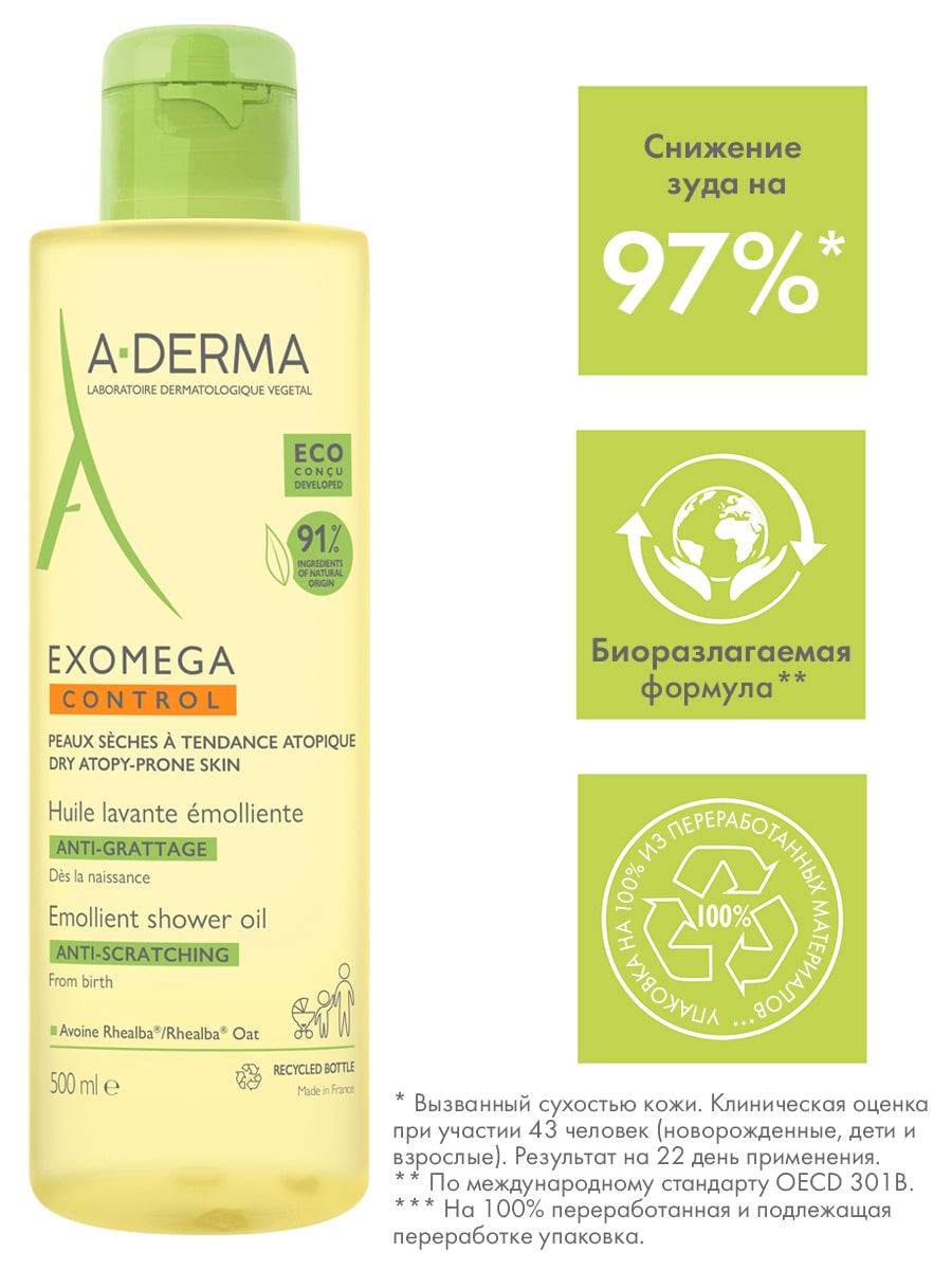 Адерма Смягчающее очищающее масло, 500 мл (A-Derma, Exomega Control) Адерма Смягчающее очищающее масло, 500 мл (A-Derma, Exomega Control) фото 3