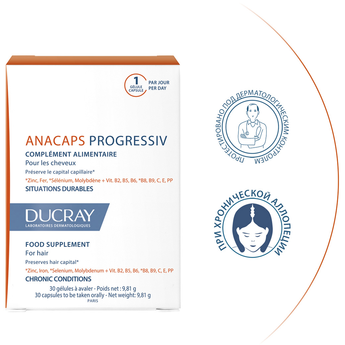 Дюкрэ Биологически активная добавка к пище для волос и кожи головы Progressiv, 30 капсул (Ducray, Anacaps) фото 3