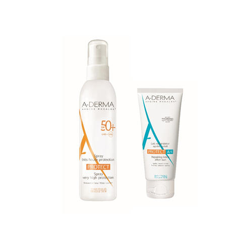 Адерма Набор Cолнцезащитный спрей SPF50+, 200 мл + Восстанавливающий лосьон после загара 100 мл (A-Derma, Protect) фото 1