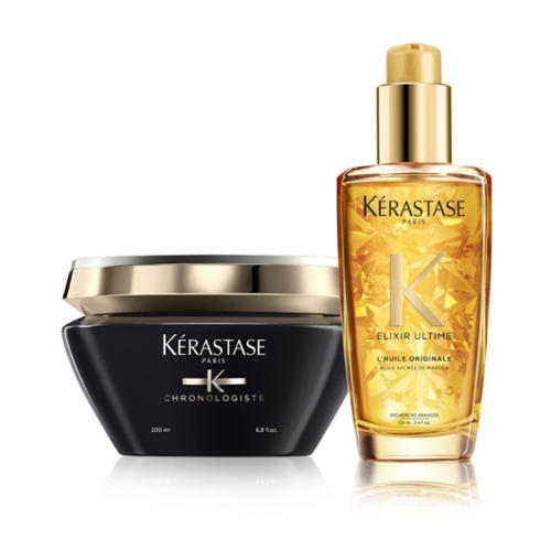 Kerastase Набор Роскошный блеск: Хроноложист Ревитализирующая маска 200 мл + Многофункциональное масло-уход Elixir Ultime для всех типов волос 100 мл (Kerastase, Chronologiste)