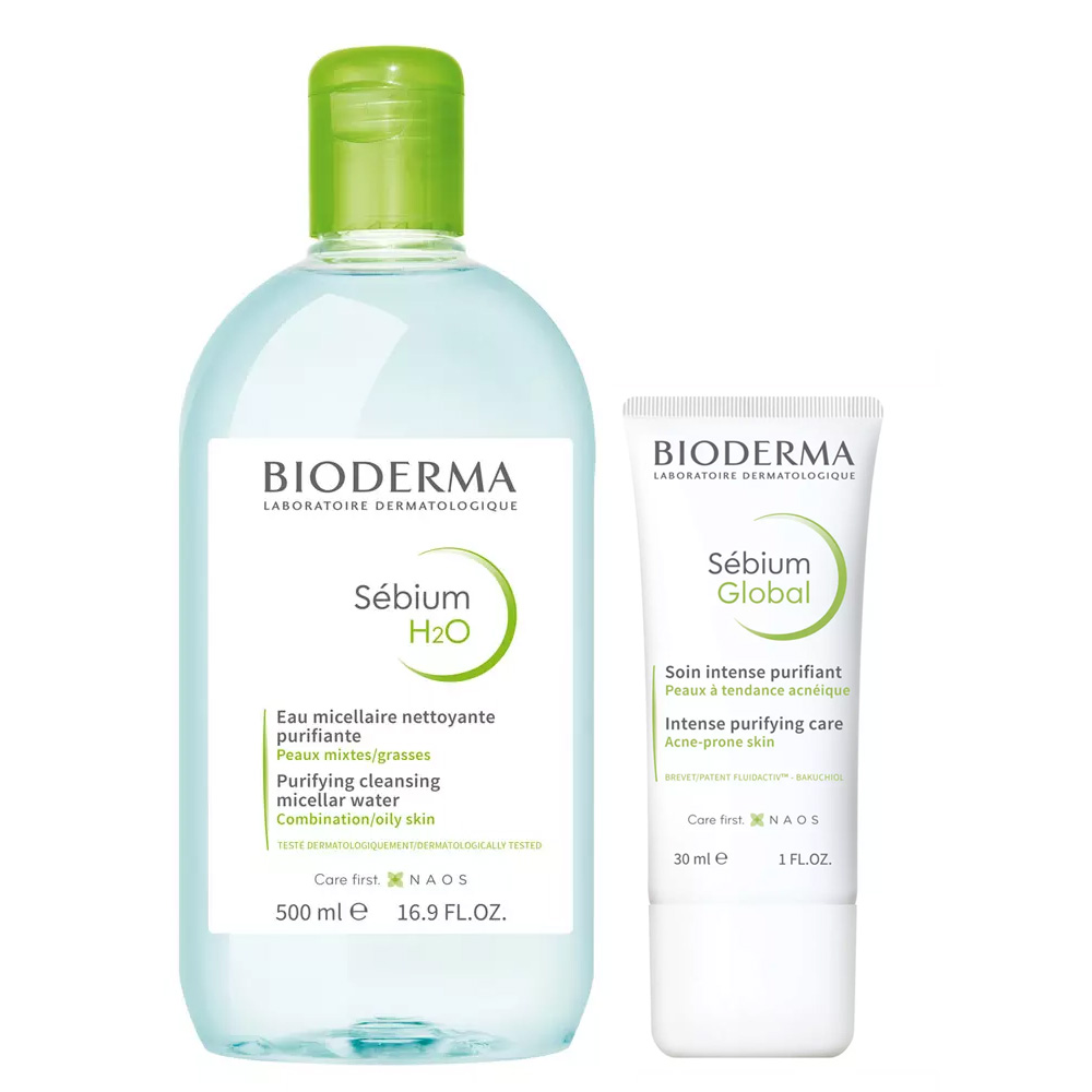 Bioderma Набор: интенсивный оздоравливающий уход Global 30 мл + мицеллярная вода H2O 500 мл (Bioderma, Sebium)