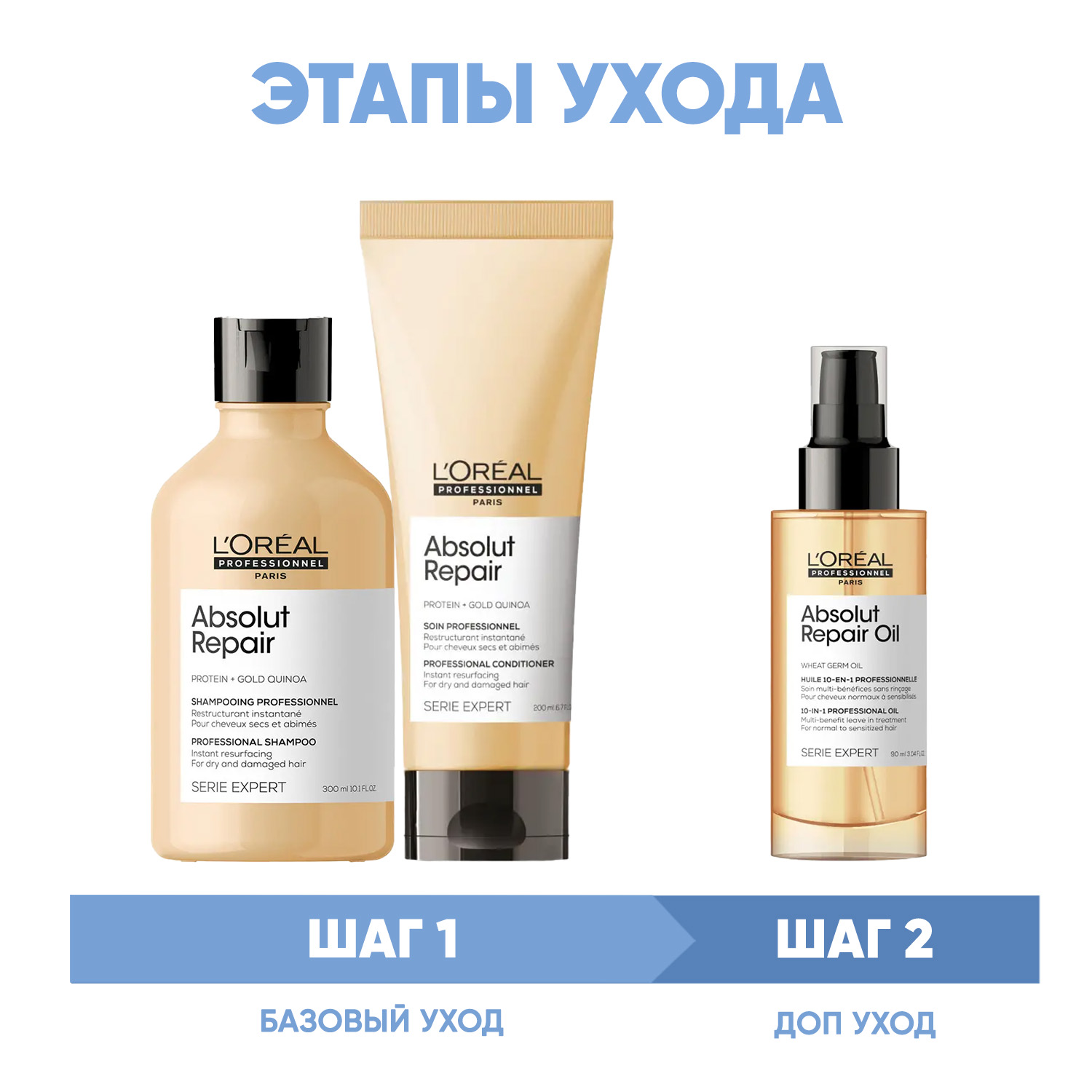 Лореаль Профессионель Программа Absolut Repair комплексный уход: шампунь 300 мл + кондиционер 200 мл + масло 90 мл (L'oreal Professionnel, Serie Expert) фото 1