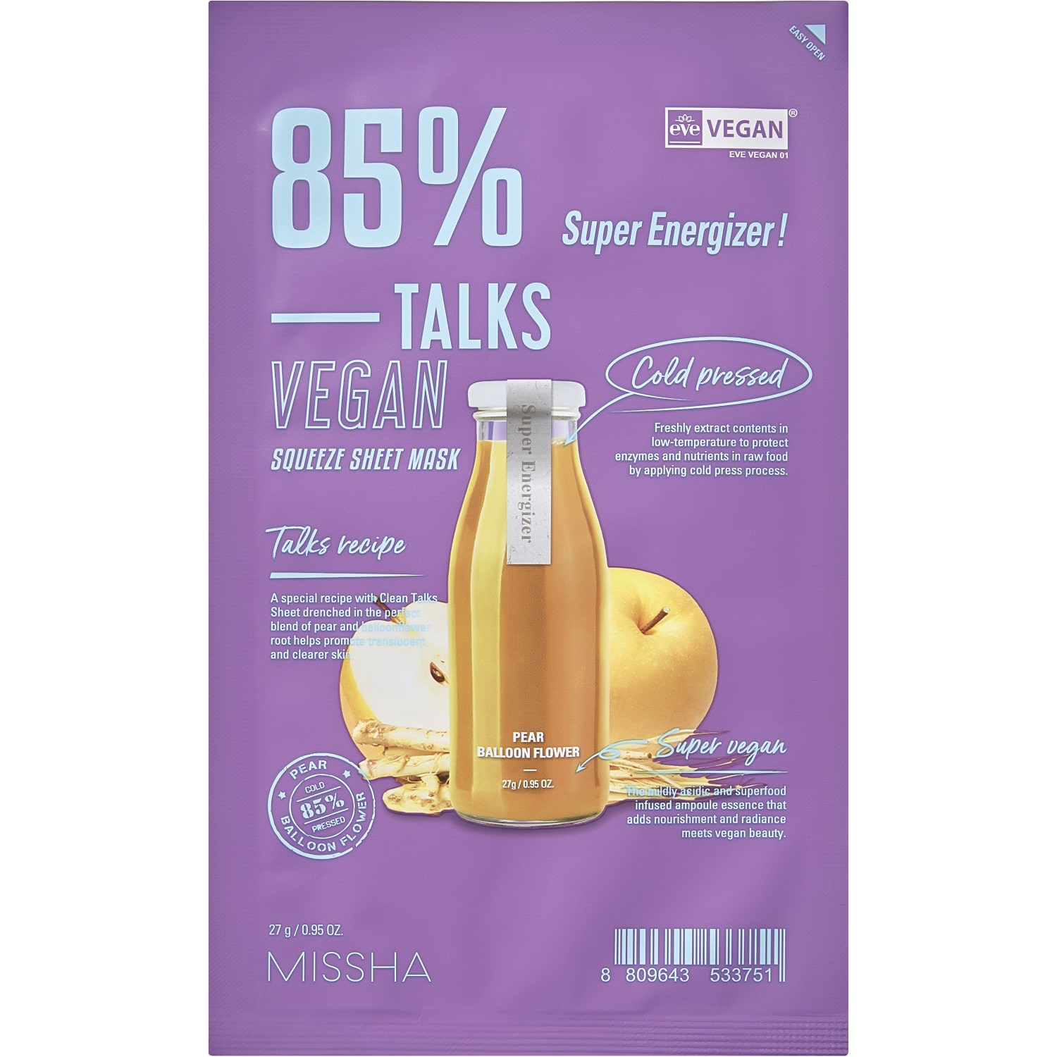 Миша Тканевая увлажняющая маска для лица Talks Vegan Squeeze Super Energizer, 27 г (Missha, Маски) фото 0