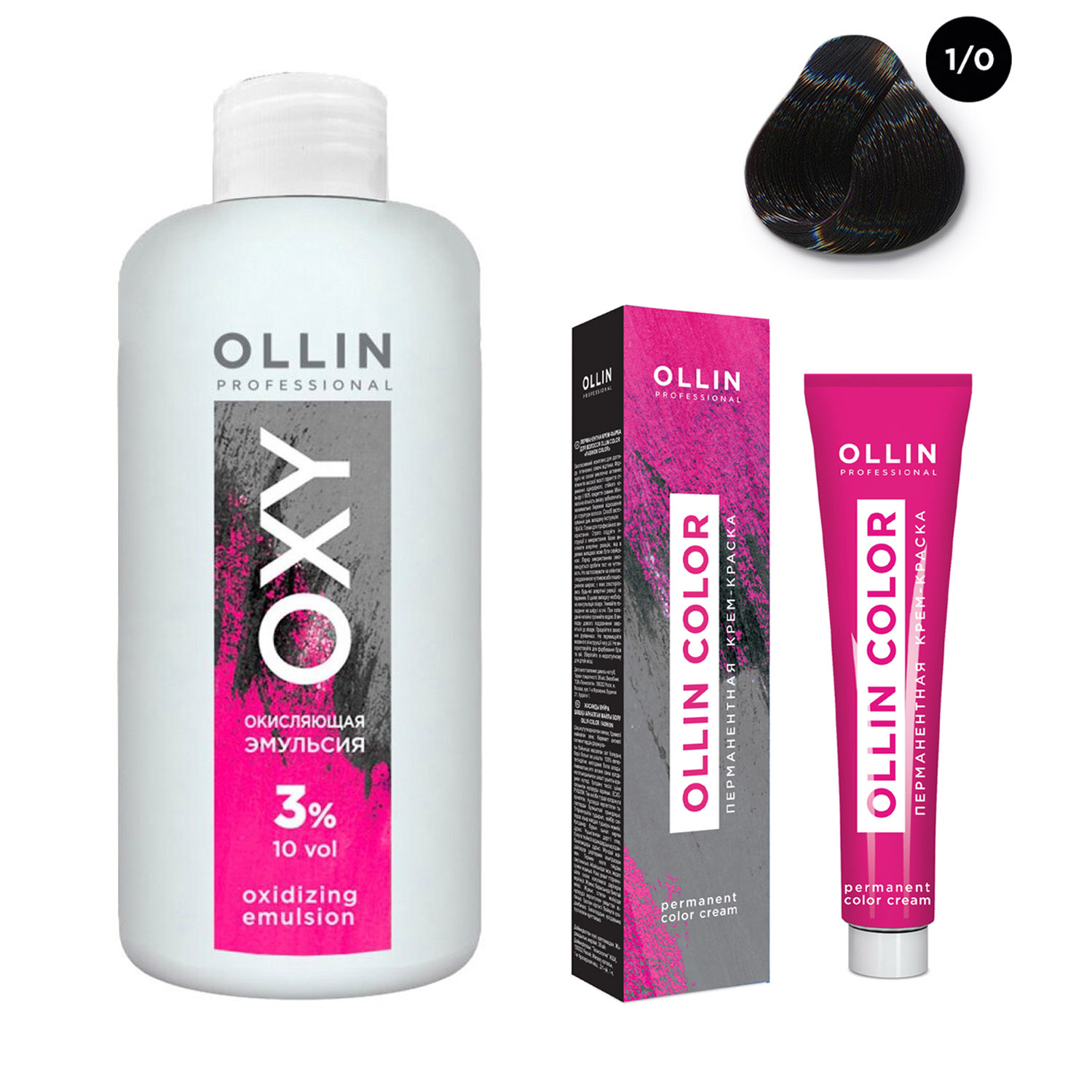 Ollin Professional Набор Перманентная крем-краска для волос Ollin Color оттенок 1/0 иссиня-черный 100 мл + Окисляющая эмульсия Oxy 3% 150 мл (Ollin Professional, Ollin Color)