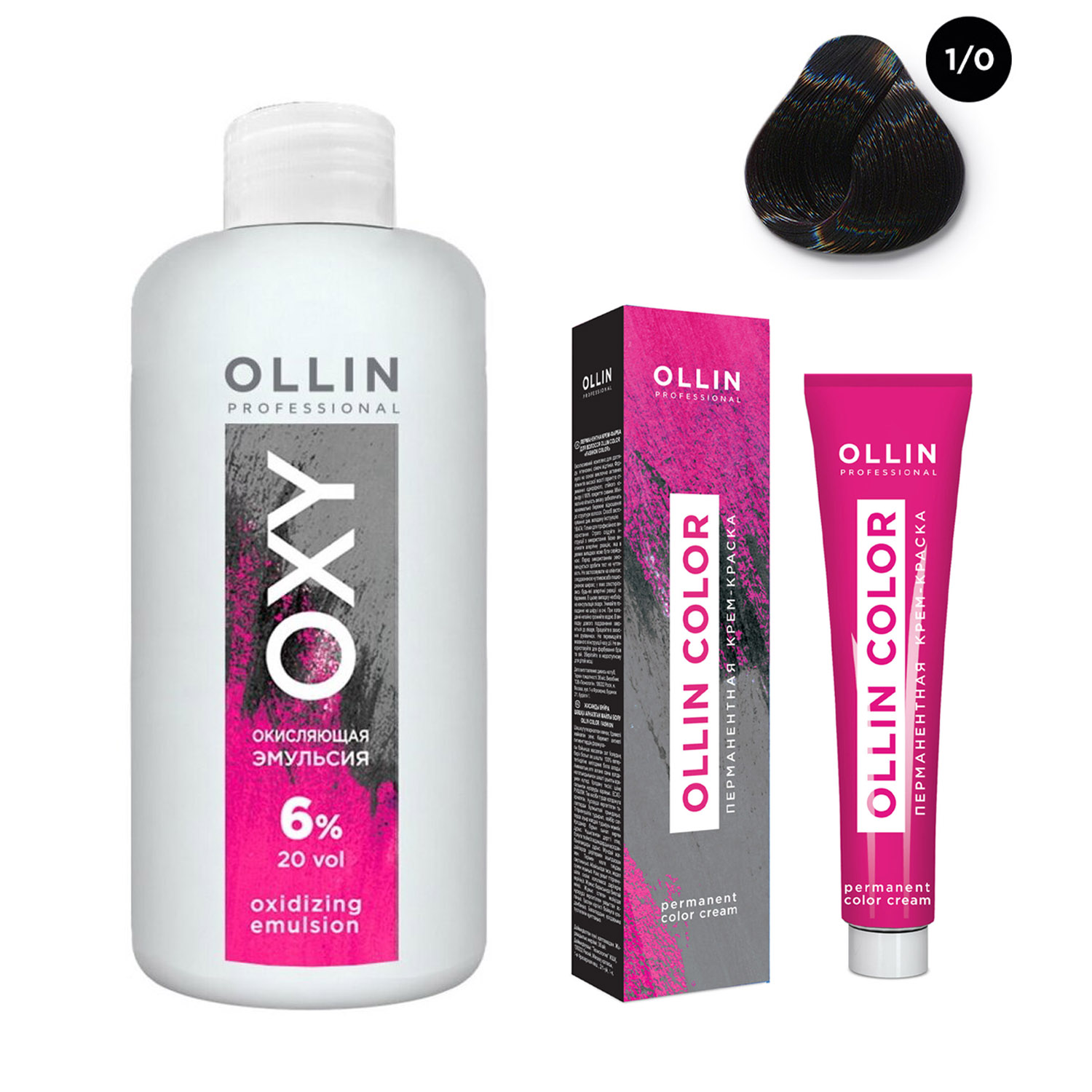 Купить Ollin Professional Набор Перманентная крем-краска для волос Ollin Color оттенок 1/0 иссиня-черный 100 мл + Окисляющая эмульсия Oxy 6% 150 мл (Ollin Professional, Ollin Color), Россия