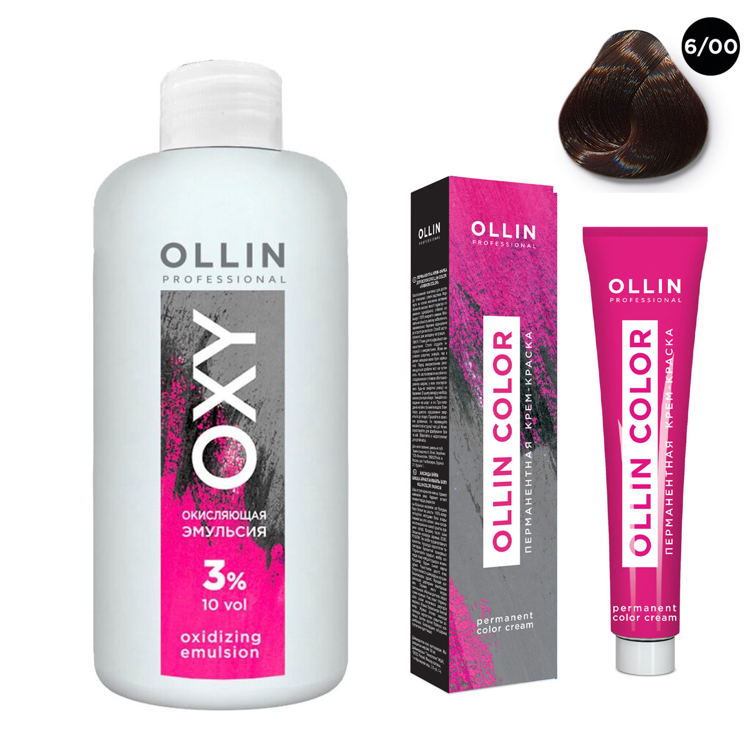 Ollin Professional Набор Перманентная крем-краска для волос Ollin Color оттенок 6/00 темно-русый глубокий 100 мл + Окисляющая эмульсия Oxy 3% 150 мл (Ollin Professional, Ollin Color)