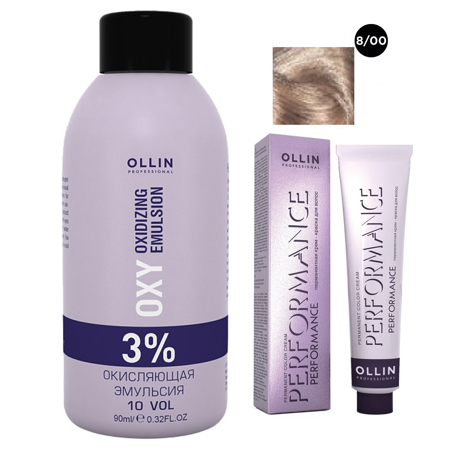 Ollin Professional Набор Перманентная крем-краска для волос Ollin Performance оттенок 8/00 светло-русый глубокий 60 мл + Окисляющая эмульсия Oxy 3% 90 мл (Ollin Professional, Performance)