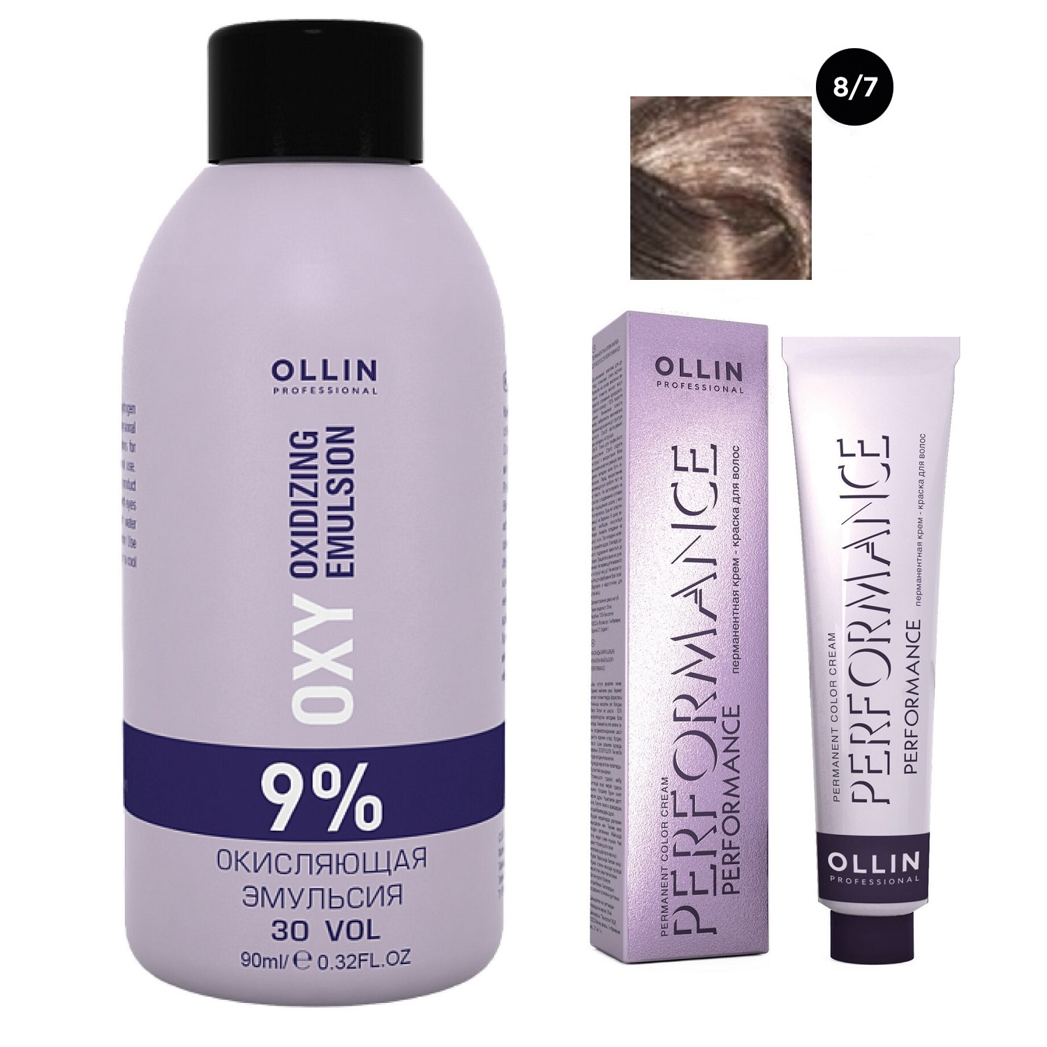 Ollin Professional Набор Перманентная крем-краска для волос Ollin Performance оттенок 8/7 светло-русый коричневый 60 мл + Окисляющая эмульсия Oxy 9% 90 мл (Ollin Professional, Performance)
