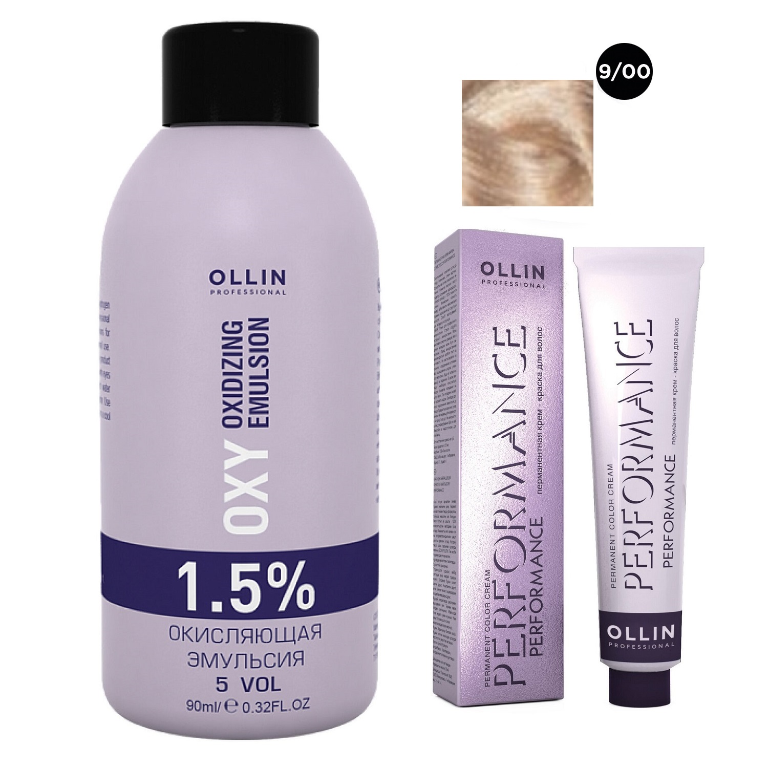 Ollin Professional Набор Перманентная крем-краска для волос Ollin Performance оттенок 9/00 блондин глубокий 60 мл + Окисляющая эмульсия Oxy 1,5% 90 мл (Ollin Professional, Performance)