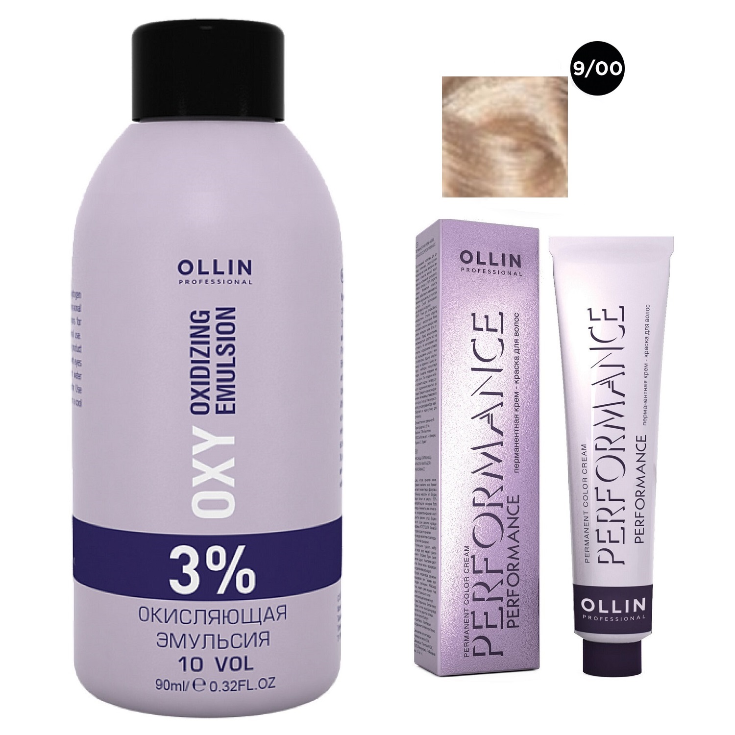 Ollin Professional Набор Перманентная крем-краска для волос Ollin Performance оттенок 9/00 блондин глубокий 60 мл + Окисляющая эмульсия Oxy 3% 90 мл (Ollin Professional, Performance)