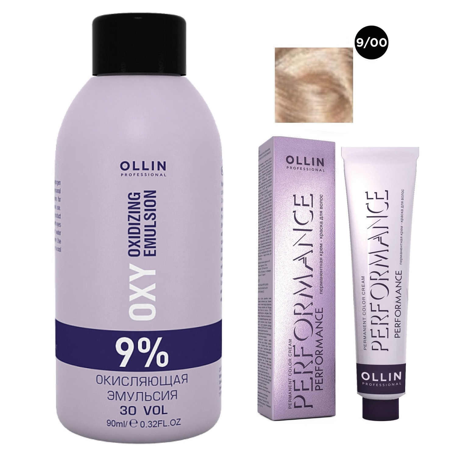 Ollin Professional Набор Перманентная крем-краска для волос Ollin Performance оттенок 9/00 блондин глубокий 60 мл + Окисляющая эмульсия Oxy 9% 90 мл (Ollin Professional, Performance)