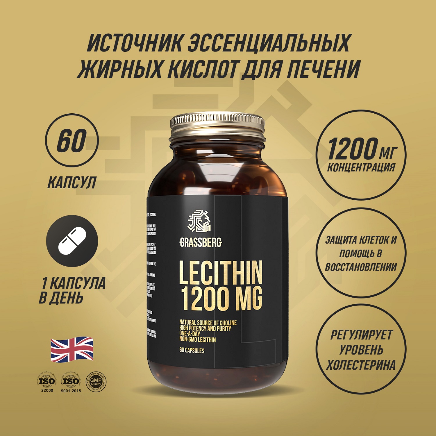 Грасберг Биологически активная добавка к пище Lecithin 1200 мг, 60 капсул (Grassberg, Специальные добавки) фото 1