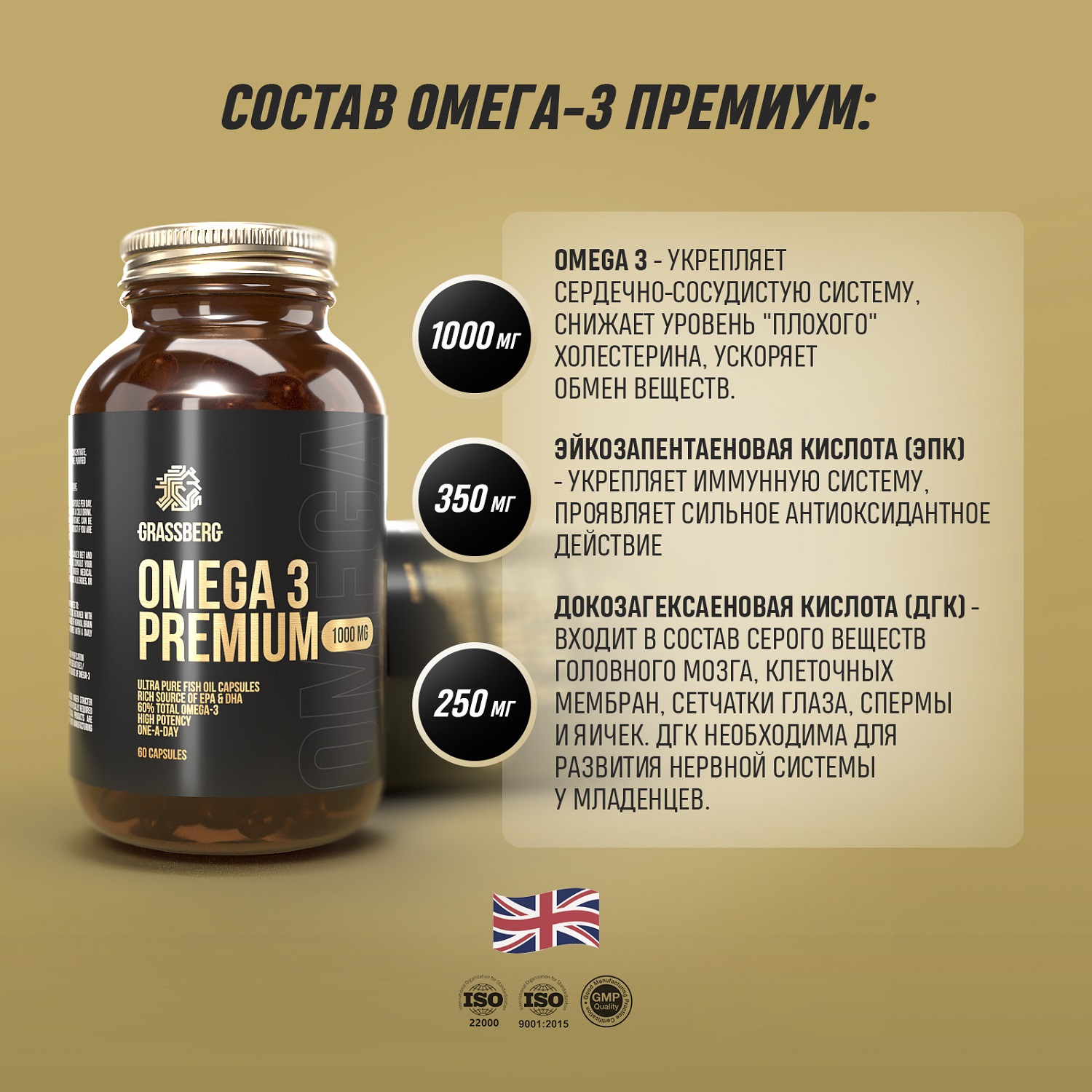 Грасберг Биологически активная добавка к пище Omega 3 Premium 60% 1000 мг, 60 капсул (Grassberg, Жиры и жирные кислоты) фото 4