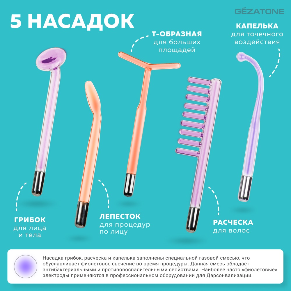 Жезатон Дарсонваль медицинский для лица, тела и волос ВР7000 5 насадок, бирюзовый (Gezatone, Массажеры для лица) фото 6