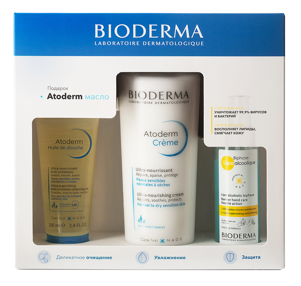 Биодерма Подарочный набор для увлажнения и защиты кожи (питательный крем 500 мл + Lipo уход 100 мл + масло для душа 100 мл) (Bioderma, Atoderm) фото 0
