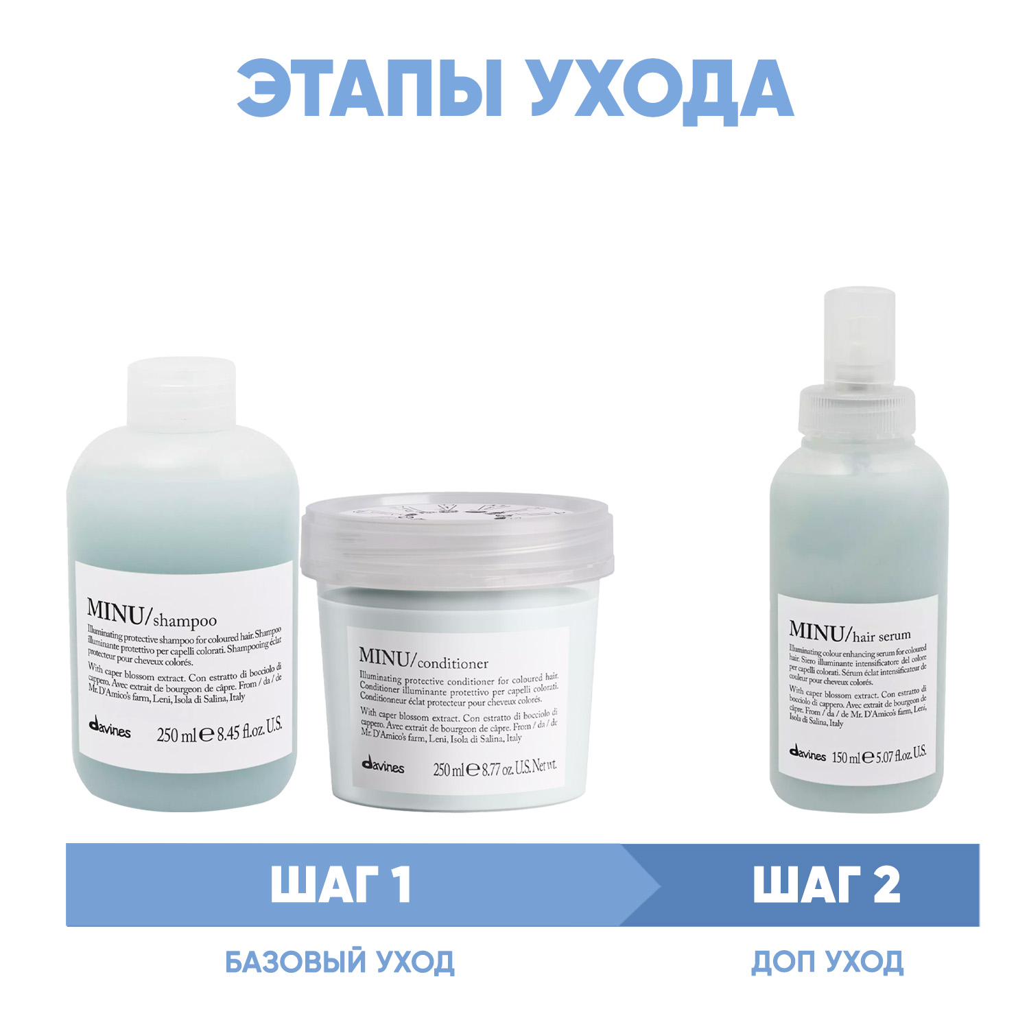 Давинес Программа Minu комплексный уход: шампунь 250 мл + кондиционер 250 мл + сыворотка 150 мл (Davines, Essential Haircare) фото 1