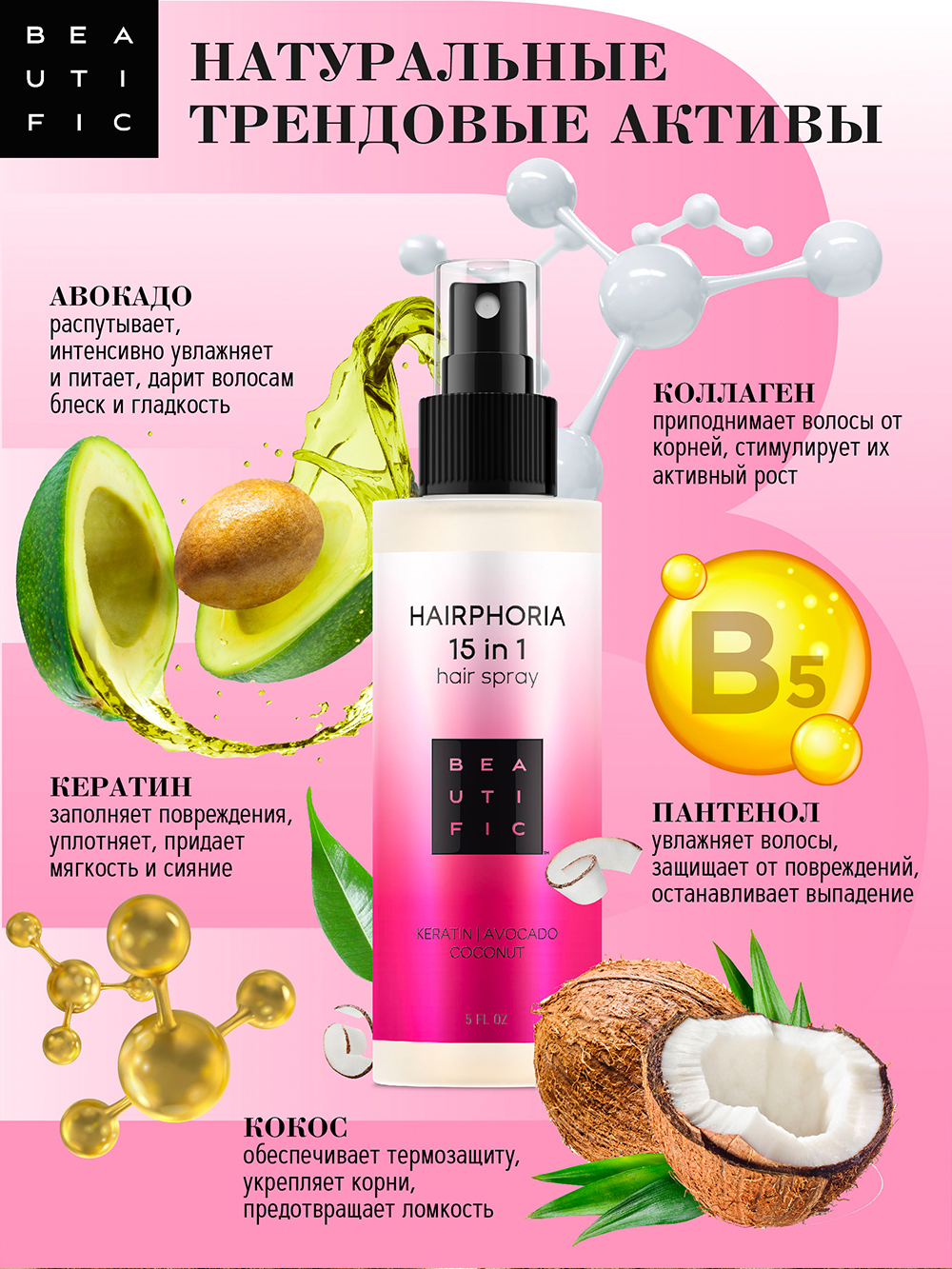 Бьютифик Спрей-уход несмываемый для волос 15-в-1 Hairphoria, 150 мл (Beautific, Hair) фото 6