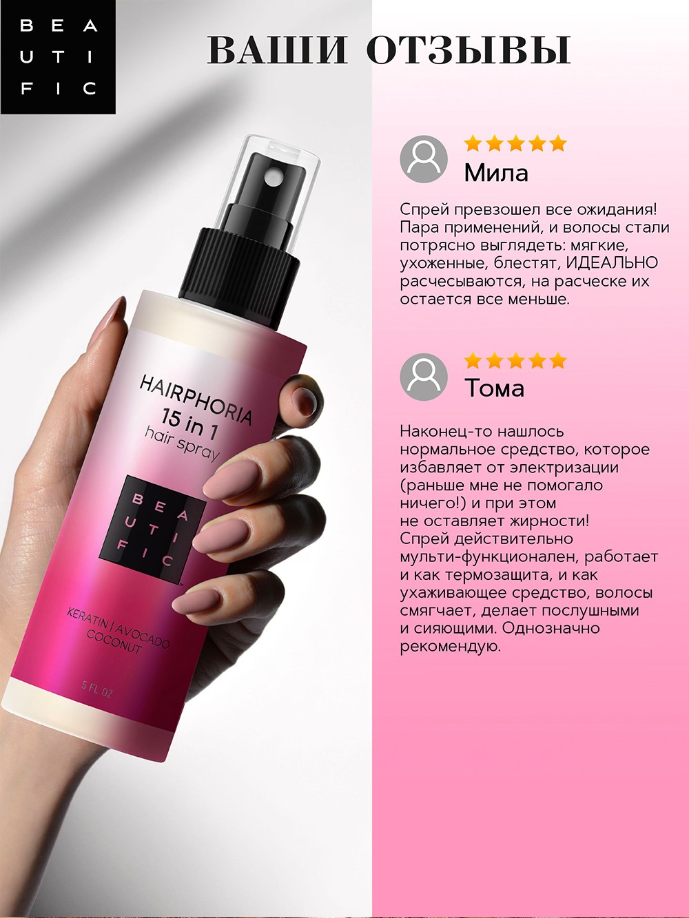 Бьютифик Спрей-уход несмываемый для волос 15-в-1 Hairphoria, 150 мл (Beautific, Hair) фото 7