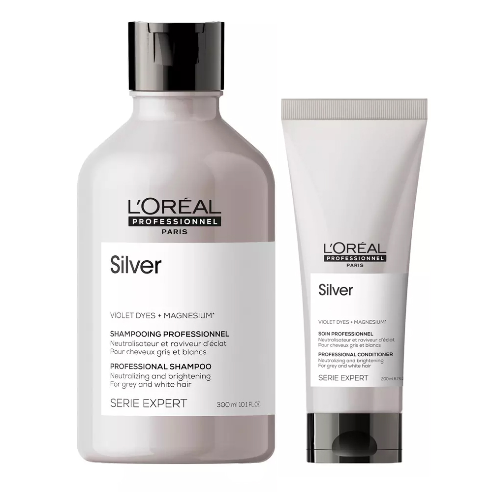 L'oreal Professionnel Набор для нейтрализации желтизны седых волос Silver: шампунь 300 мл + кондиционер 200 мл (L'oreal Professionnel, Serie Expert) шампунь для нейтрализации желтизны осветленных и седых волос shampoo serie expert silver