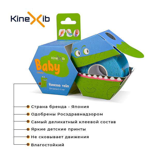 Кинексиб Кинезио тейп Classic Baby 4 см х 4 м синий, принт крокодил (Kinexib, Kids) фото 4